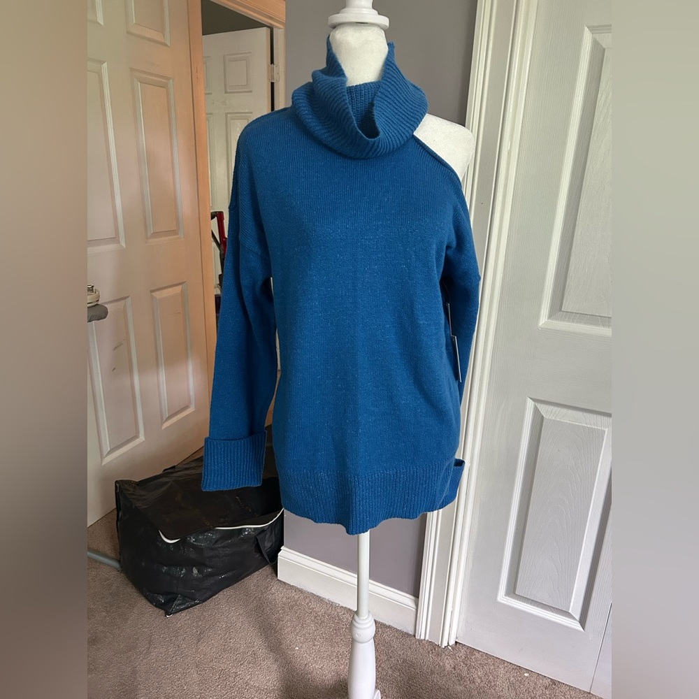Women's Blue Turtleneck Sweater w/ Cutout Shoulder